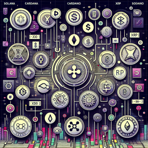 An infographic displaying popular altcoins such as Solana, Cardano and XRP among others. The infographic should be quite detailed, with symbols or logo-like illustrations for each named coin. The altcoins should be featured in a visually appealing manner, perhaps surrounded by data streams or placed on virtual platforms. Each one should also feature a representation of their growth or popularity. All this should take place on a digital or abstract background to emphasize the cryptocurrency environment.