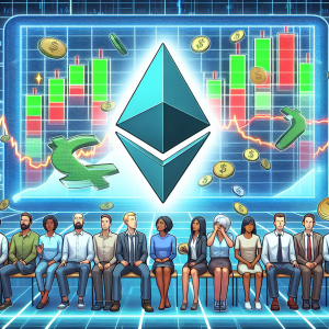 Visual representation of the concept of Ethereum and its exchange rate to the US dollar. This scene will include a large Ethereum logo floating horizontally in a digital realm. Next to it, there's a digital board showing fluctuating green and red candlestick charts to signify the volatile movement of the Ethereum price against the dollar. A group of diverse people, including both men and women from different descents, in casual and business clothing are observed showing various reactions (fear, joy, anticipation), signifying different investor sentiments.