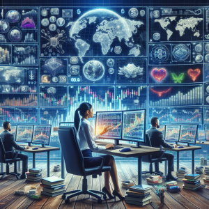 An impressive visual representation that lays out the basic concepts of trading for beginners. Depict an expansive office room with numerous computer screens showcasing various stock market charts, candlestick charts, and other trading tools. Include a youthful, focused South Asian woman sitting, attentively monitoring the screens, and an experienced Middle Eastern man standing near, giving her suggestions. Also, incorporate books about trading basics and various global currency symbols scattered across the room, symbolizing a deep dive into the world of finance.