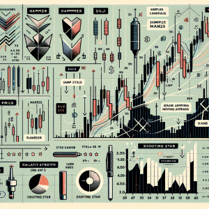 An educational illustration showing Japanese candlestick charts used in technical financial analysis. It should include a variety of candlestick patterns such as 'hammer', 'doji', and 'shooting star', along with corresponding markups. Also visualize some common technical indicators such as Simple Moving Average (SMA) and Relative Strength Index (RSI). Make y-axis strictly numerical to indicate price and x-axis to represent time. Include legend or key for clarity. Create it in a professional and elegant style.