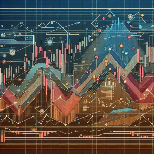 Illustration of trading patterns: Consider an abstract, stylized stock market chart showing lines and graph to represent the concept of 'Double Bottom' and various other strategies. Include different patterns with different colors to differentiate them. Add arrows and other shapes to visualize the movement of the stocks. On the chart, there should be adequate labels and annotations that depict significant points and phases of the strategies. Ensure the image is clear, neat, and communicates complexity while maintaining aesthetic appeal.