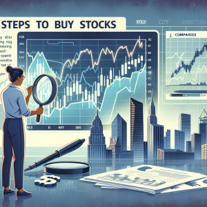 An informative guide on steps to buy stocks: Pictorial demonstration of a person with South Asian descent, analyzing stock charts on digital screens, holding a magnifying glass to scrutinize details more closely. Beside them on a table, key documents related to companies' financial performance rested. In the background, the silhouette of city skyscrapers symbolizing a bustling financial district. A caption at the bottom of the image reading 'Choosing the Right Companies to Invest In.' Please include a light and modern color scheme.