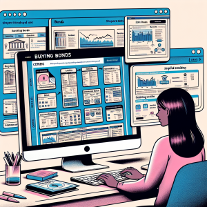 An illustrative scene for an article about bonds. The image should depict a table with various types of bonds laid out, each represented by a document with its specific attributes highlighted. Additionally, include a split screen on the right showing a simplified guide on how to purchase these bonds, demonstrated by a South Asian woman interacting with a financial website on her computer. Include visual cues indicating the step-by-step process. Make everything easy to understand and visually appealing, signifying the simplicity of the bond buying process.