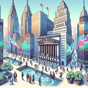 Create an informative illustration featuring three prominent bulidings, each respectively symbolizing and named after the major US stock market indices: the S&P 500, Dow Jones, and Nasdaq 100. The buildings are intricate, with features reflecting the indexes they represent. It's a sunny day in the financial district, and projections of stock charts are swirling around the buildings in a dynamic display of numbers and trends. A steady flow of diverse crowd, including Asian man, Black woman, Middle-Eastern woman, Hispanic man, go about their busy schedules, signifying the global impacts of these financial powerhouses.