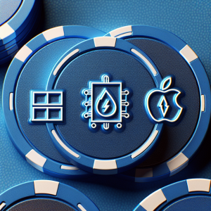 An image representing blue poker chips. On these chips, there are depictions of three intermingled tech symbols to represent a prominent software company, an electric vehicle manufacturer, and a distinguished electronics company. The software symbol is a window, the electric vehicle symbol is a lit up electric charge symbol, and the electronics symbol is an apple.