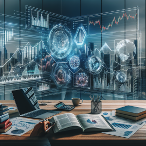 An inquiry into financial independence: Visualize an investor analyzing charts and graphs on a complex screen layout, revealing multiple passive income streams. This includes real estate, digital assets, and stock market investments. They are leaning onto a polished wooden desk, filled with books about investment strategies, a calculator, and a cup of coffee. In the background, there is a large window displaying a city skyline, implying the urban environment this investor operates in.