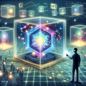 A detailed depiction of a conceptual image representing NFTs (Non-Fungible Tokens). In the foreground, show a glass box containing a digital token that is made up of countless glowing pixels of various colors. The digital token pulsates with energy, showing it to be 'unique' and 'non-fungible'. In the background, illustrate a simplified depiction of a blockchain to symbolize the digital nature and security of NFTs. Scatter several more similar glass boxes in the background to indicate that there are multiple NFTs, each unique in their own way. Include a person of Black descent, wearing smart glasses and interacting with this digital environment, suggesting the accessibility and interest of various people in NFTs.