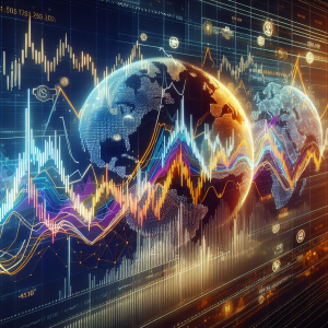 The image illustrates an abstract representation of Forex and the analysis of gold, silver, and platinum values. It shows three dynamic line graphs, each in the colours of gold, silver, and platinum, overlaid on a digital globe backdrop, symbolising the global nature of Forex markets. The graphs should demonstrate a mix of peaks and troughs, representing the fluctuating prices, and along with each graph, significant numerical figures marking high and low points. Forex symbols and trading indicators subtly incorporated in the background could help evoke the idea of constant market analysis.