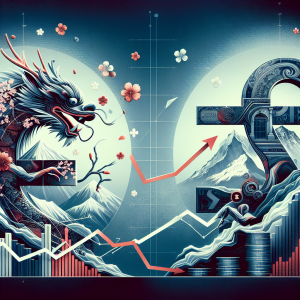 An abstract representation of the economic exchange between the Japanese Yen and the Swiss Franc. Depict two distinct symbols: one nuanced with elements of Japanese culture, including Cherry Blossom trees and Mount Fuji, representing the Yen; another encapsulating Swiss essence, featuring the Alps and a bank vault, representing the Frank. Show these symbols engaged in a dance, with arrows indicating the change in exchange rate, and a line graph in the backdrop depicting the trend. Give the image a serious undertone to reflect the nature of financial markets.