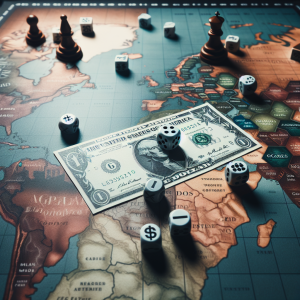 Detailed image of a dollar bill placed prominently in the center of a game board set with various game pieces representing economies from around the world. The game board itself is laid out like a map of the world, and a pair of dice, implying uncertainty and variability, is thrown onto the board. The atmosphere carries a serious and intense vibe, signifying the economic significance of the dollar.