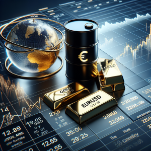 A comprehensive render showing three key focus areas: a barrel of crude oil, a bar of gold, and a symbolic representation of the EURUSD binary. These symbols are set against the backdrop of a calendar showcasing the upcoming week. Highlight elements of statistical analysis, such as line graphs and exponential curves, to depict short-term predictions of these three financial components. Use a sleek, modern design aesthetic for creating the image.