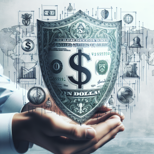 An abstract representation of a US dollar bill arranged symbolically to signify financial protection for investors. The dollar bill should be portrayed as a shield or similar protective symbol, surrounded by symbolic representations of various investment assets such as stocks, bonds, real estate and gold. In the background, faint sketches of global maps can be seen, indicating the worldwide reach of investment opportunities.