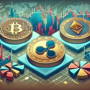 Visual representation of a short-term forecast for Bitcoin (BTCUSD), Ripple (XRPUSD), and Ethereum (ETHUSD). The image should illustrate an analysis of market trends, including fluctuating graphs, trend lines and other relevant financial data visualization tools like pie charts indicating distribution. The overall mood of the image should be serious and professional, referring to the importance of financial matters and market uncertainty.