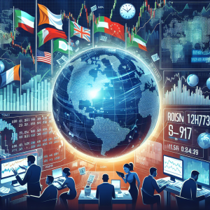 An illustrative image for a finance-related video recap, featuring different symbolic elements. In the center, a globe represents the global financial market and various flags showcasing international transactions. A time lapse from Monday through Sunday showcasing the main stock exchanges, such as Wall Street, London and Tokyo. An hourly count indicating market fluctuations and a chart showing the week's key trends. Additionally, a diverse group of men and women in business attire representing finance professionals who are intensely reviewing documents and computer screens. This scene represents a complete view of the weekly financial events.