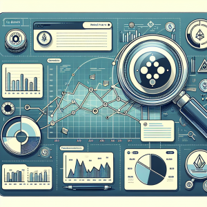 An informative diagram showcasing different aspects affecting the price prediction of Cardano (ADA) cryptocurrency. The illustration should include a trend line graph showing price fluctuation throughout the past years, and potential future. Include elements like a magnifying glass focussed on detailed analysis, pie charts for market share, and symbolic representations of potential future prospects. The image should stand out with a distinct modern, digital feel. Keep it serious and professional in tone.