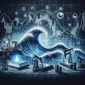 Visualize an abstract representation of WTI Crude Oil focusing on its wave analysis and accurate forecast. Picture waves formed by fluctuating data lines or graphs to depict volatility and market shifts. Overlay this wave design with iconography of oil wells or barrels to tie it back to crude oil. Include a visual element, such as a crystal ball or a pointing hand, to signify accurate forecasting. This study comparison should blend finance and raw materials into a single dynamic image.