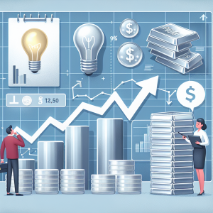 An image illustrating the concept of silver as a commodity. It includes a detailed infographic chart showing the trend of silver prices over time, with up and down arrows indicating fluctuation. Next to the chart, there should be an image of pure silver bars stacked neatly. Also, please include symbols representing investment advice, such as a thoughtful character examining the chart and another character giving advice with a speech bubble containing a lightbulb, indicating a profitable idea.
