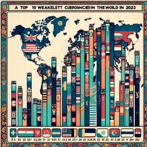 Generate an image depicting a bar chart ranking the top 10 weakest currencies in the world in 2023. Each bar on the chart should represent a different currency, indicated with various symbols of the corresponding countries. The background of the chart could be a decorative world map to emphasize the global perspective of the topic. All text elements apart from the embedded text in the image should be written in English.