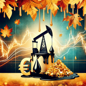 Visualize an abstract image representing a short-term forecast for oil, gold, and EUR/USD in October. The central focus of the image should be symbols associated with these three aspects: a black gushing oil derrick to symbolize oil, a pile of shiny yellow gold nuggets to represent gold, and a chart showing the EUR/USD exchanges rates fluctuating to depict the EUR/USD status. To hint at the time aspect, an autumnal October background with leaves in various fall colors could be included.