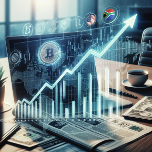 Create a visual representing the concept of financial forecasting of the USDZAR currency pair. This could be depicted as a digital graph that is projecting upwards, indicating positive growth. The graph should be situated on a high-tech screen, perhaps in a well-lit office of a financial analyst. On the desk, place relevant financial newspapers, a cup of coffee and a laptop. Make sure to provide context to the USDZAR analysis with symbols or flags of the United States and South Africa subtly placed in the environment.