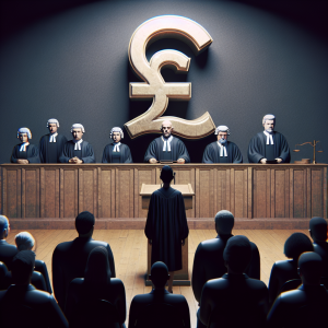 An image showcasing a metaphorical scene for the British Pound symbol (currency) in a court room. The Pound symbol is on the stand, facing three stern-looking judge figures, all of different descents - an Asian female judge, a white male judge and a black female judge. The atmosphere is tense and the court room is filled with spectators of different genders and descents, anxiously waiting for the final verdict. The prompt is to convey a sense of uncertainty, suspense, and apprehension, without making explicit reference to 'death sentence'.