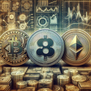 An intricate illustration representing a short-term forecast for the cryptocurrencies Bitcoin (BTC), Ripple (XRP), and Ethereum (ETH) for the year 2023. Imagine three distinctive coins with their respective symbols embedded in them. They are presented against a futuristic digital background displaying high-tech charts, graphs, numbers, and possibly some codes. Provide a sense of volatility and unpredictability to indicate the risky nature of cryptocurrency investments.
