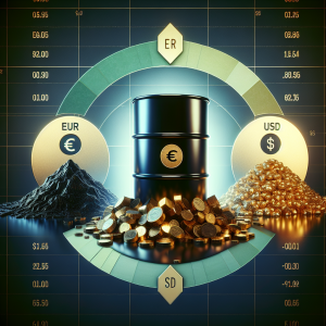 An image showcasing the concept of short-term forecasting in the field of economics, specifically focusing on the commodities market. The image contains three separate sections, each representing one forecasted commodity: an oil barrel, a pile of gold nuggets, and an EUR/USD sign. The oil barrel should be a glossy black color with a metallic luster. The pile of gold nuggets is a shimmering golden color, with various sizes of nuggets scattered around. The EUR/USD sign is a simple combination of 'EUR', a slash, and 'USD', with contrasting colors of green and blue respectively.